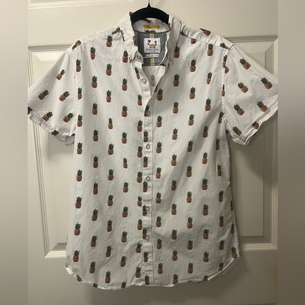 Denim & Flower Ricky Singh Men’s White Pineapple Print Casual Shirt Sz M